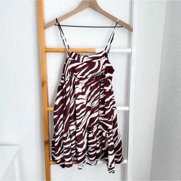 Resa Zebra Print Ruffle Mini Dress Brown White Pockets - Picture 1 of 9